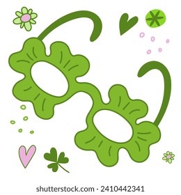 Green glasses with a three-leaf clover St. Patrick's Day symbol and accessories Vector illustration