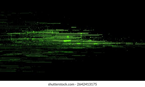 Matriz de vetor de falha verde com efeito de erro de dados digitais. Linhas geométricas abstratas em fundo escuro. Fluxo de dados de segurança cibernética.
