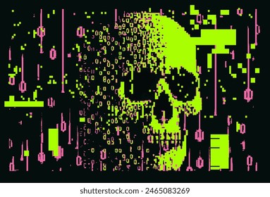 Green glitchy skull and binary code on a dark background. The concept of virus and malware in program code.
