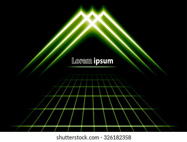 green glitter abstract futuristic perspective background with simple arrow logo. Vector illustration