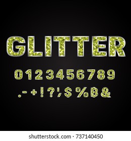 Green glitter alphabet numbers vector illustration