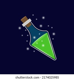 Botella de brillo verde. Icono de juego del elixir mágico. Diseño vectorial de la interfaz de usuario de la aplicación. Poción de la suerte, la protección, la invisibilidad, la fortaleza, la magia