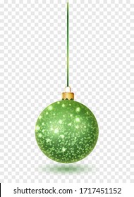 Green glitter christmas ball hanging. Christmas bauble decoration elements. Object isolated a background with transparency effect.