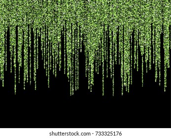 Green glitter festoons, falling confetti garlands holiday background vector illustration. Confetti dust falling down, holiday lights, garlands vertical lines. Sparkles glitter, tinsels design. 
