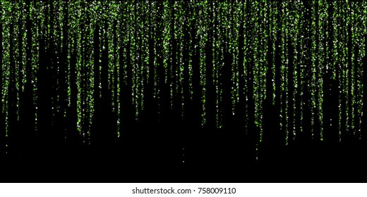 Green glitter festoons, falling confetti garlands holiday background vector illustration. Confetti dust falling down, holiday lights, garlands vertical lines. Sparkles glitter, tinsels design.