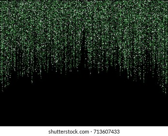 Green glitter festoons hanging christmas or new year background vector illustration. Confetti dust falling, flying circles garlands vertical lines. Sparkle tinsels confetti design, holiday lights.