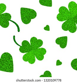 Green glitter four leaf clover seamless pattern, St Patrick day background for textile, wrapping paper, social media, greeting card, poster, celebration banner, web, promotion, shop ad