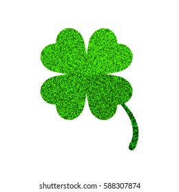 Green glitter four leaf clover icon. Herb isolated on white background. St Patrick day vector