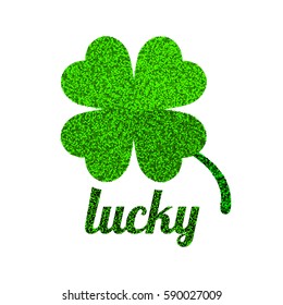 Green glitter four leaf clover icon with a wish of luck. Herb isolated on white background. St Patrick day vector