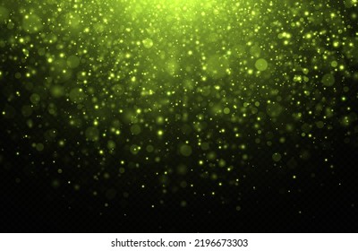 Green glitter light effect. Glowing background of sparkles particles. Blurred bokeh twinkle.