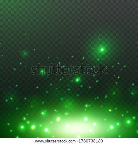 Green glitter particles, shine confetti and glowing lights effect. Vector magic fireflies, fairytale bugs sparkle on night transparent background