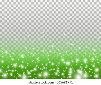 Green Glitter Particles And White Glowing Lights Effect With Confetti For Spring Or Summer Greeting Card Design. Vector Star Dust Sparks In Explosion On Transparent Grass Background.