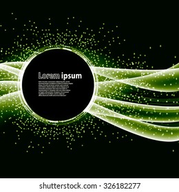 Green glitter party poster abstract layout with circle surrounded by flare shimmering particle luxurious pattern. Vector illustration