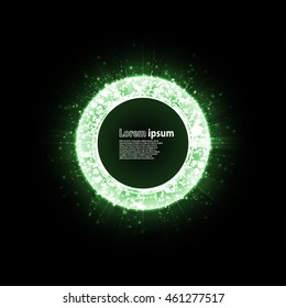 Green glitter party poster in explosion on black background. Vector Illustration