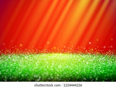 Green glitter retro background with abstract shiny light rays in the darkness of red backdrop