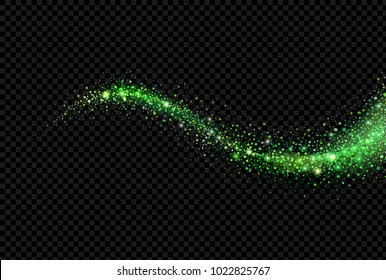 Green glitter sparkles wave isolated on black background. Vector star dust Twinkling confetti lights