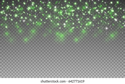 Green glitter sparkles wave isolated on transparent background. Vector dust texture. Twinkling confetti, shimmering star lights.
