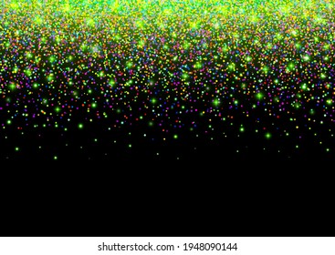Green glitter sparks. Shiny confetti and glitter sparkling texture with glowing lights. Vector illustration.