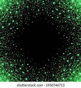 Green glitter sparks. Shiny confetti and glowing lights. Vector illustration.
