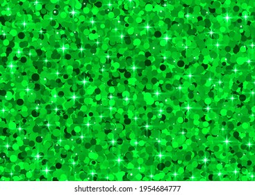 Green glitter sparks. Shiny confetti and glitter sparkling texture with glowing lights. Vector illustration.