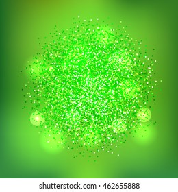 Green glitter splash on green background. Vector illustration.