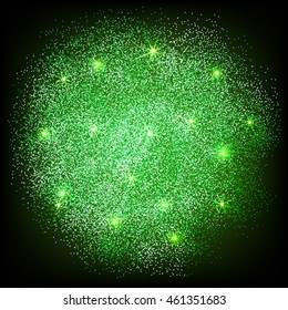 Green glitter splash on black background. Vector illustration.