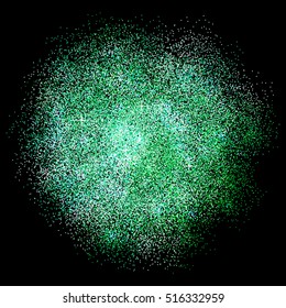 Green glitter splash on black background. Vector illustration.
