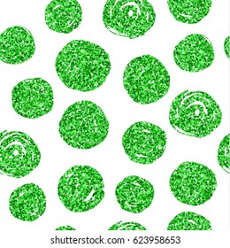 Green glitter texture with hand draw  circles seamless pattern in green. Celebration metallic background.