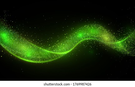 Vague de glamour vert de trace de comète. Étoile, particules scintillantes sur fond transparent. Vague scintillante de confettis d'or. Effet de lumière. Image vectorielle abstraite fusée dorée