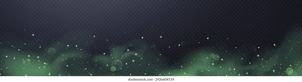 Green glittering dots, particles, stars magic sparks. Dust cloud flare light effect. Green luminous points with smoke. Vector particles on transparent background. 