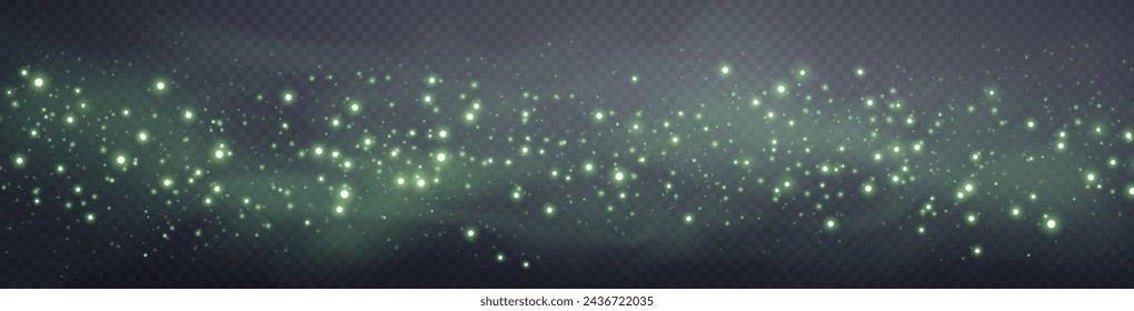 Green glittering dots, particles, stars magic sparks. Dust cloud flare light effect. Green luminous points with smoke. Vector particles on transparent background. 