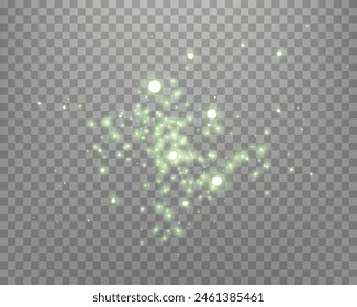 Green glittering dots, particles, stars magic sparks. Glow flare light effect. Green luminous points. Vector particles on transparent background. 
