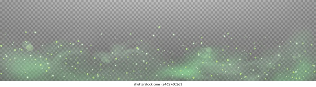 Green glittering dots, particles, stars magic sparks. Dust cloud flare light effect. Green luminous points with smoke. Vector particles on transparent background