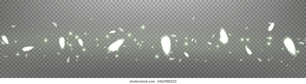 Green glittering dots, particles, stars magic sparks. Dust cloud flare light effect. Green luminous points with smoke. Vector particles on transparent background