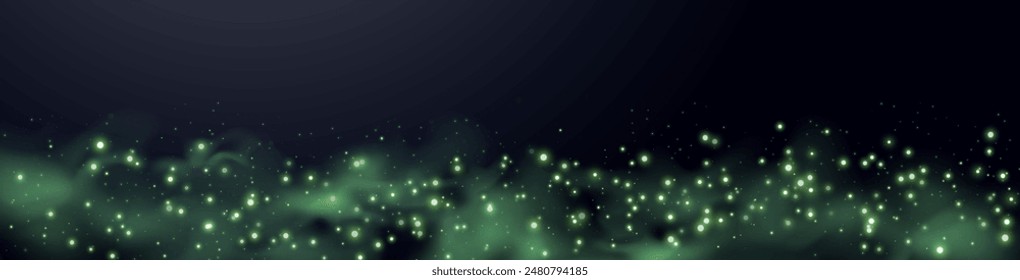 Green glittering dots, particles, stars magic sparks. Dust cloud flare light effect. Green luminous points with smoke. Vector particles on black background