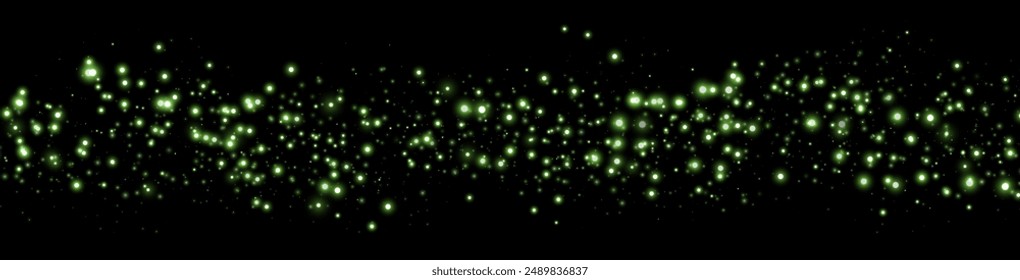 Green glittering dots, particles, stars magic sparks. Dust cloud flare light effect. Green luminous points with smoke. Vector particles on black background
