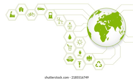 Green global Business template background with icons for Eco friendly and Sustainability concept with flat icons, vector illustration