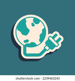 Green Global energy power planet with plug icon isolated on green background. Ecology concept and environmental. Long shadow style. Vector