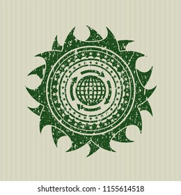 Green globalization icon inside distress rubber stamp with grunge texture