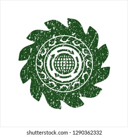 Green globalization icon inside distress grunge stamp