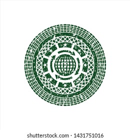 Green globalization icon inside distressed rubber seal