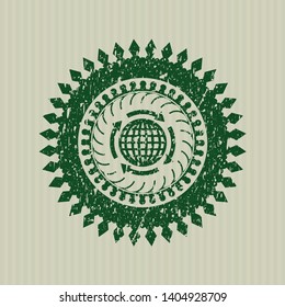 Green globalization icon inside grunge style stamp