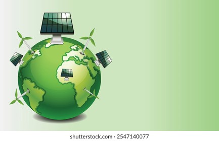 Globo verde adornado com painéis solares e turbinas eólicas em um fundo verde gradiente. Ideal para sustentabilidade, energia renovável ou temas ecológicos