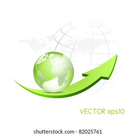 Globo verde com seta e mapa do mundo pontilhado no fundo - símbolo de eco brilhante