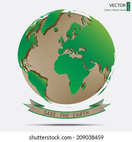 Green globe artwork made from recycled paper and banner ribbon of save the earth, the green world map that can see almost entire all countries, vector illustration design