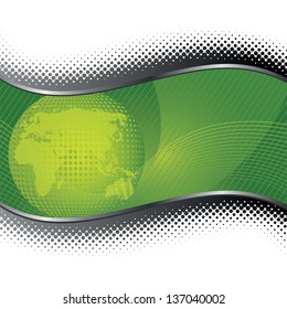 Green globe background with silver halftone borders. This image is a vector illustration.