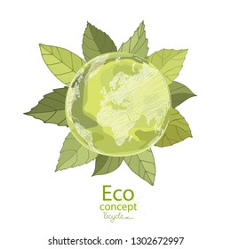 Green globe. Bright fresh green leaves with globe. Environmentally friendly world. Creative drawing ecological concepts. The concept of ecology, to save the planet. Vector illustration. 