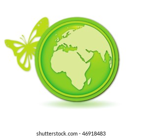 Green globe button with butterfly
