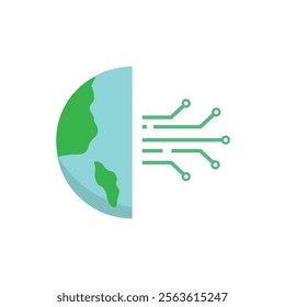 Green globe connected to circuit board lines for technological or environmental concepts