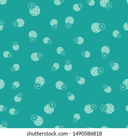 Green Globe and cryptocurrency coin Bitcoin icon isolated seamless pattern on green background background. Physical bit coin. Blockchain based secure crypto currency. Vector Illustration